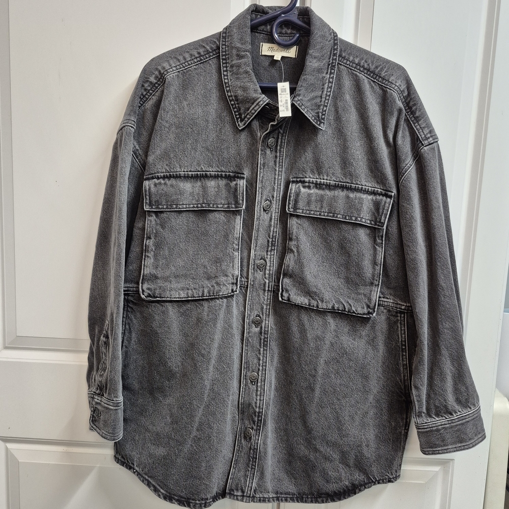 Madewell Womens Denim Oversized Shacket Cargo Flap Pockets Lunar Wash Size Large